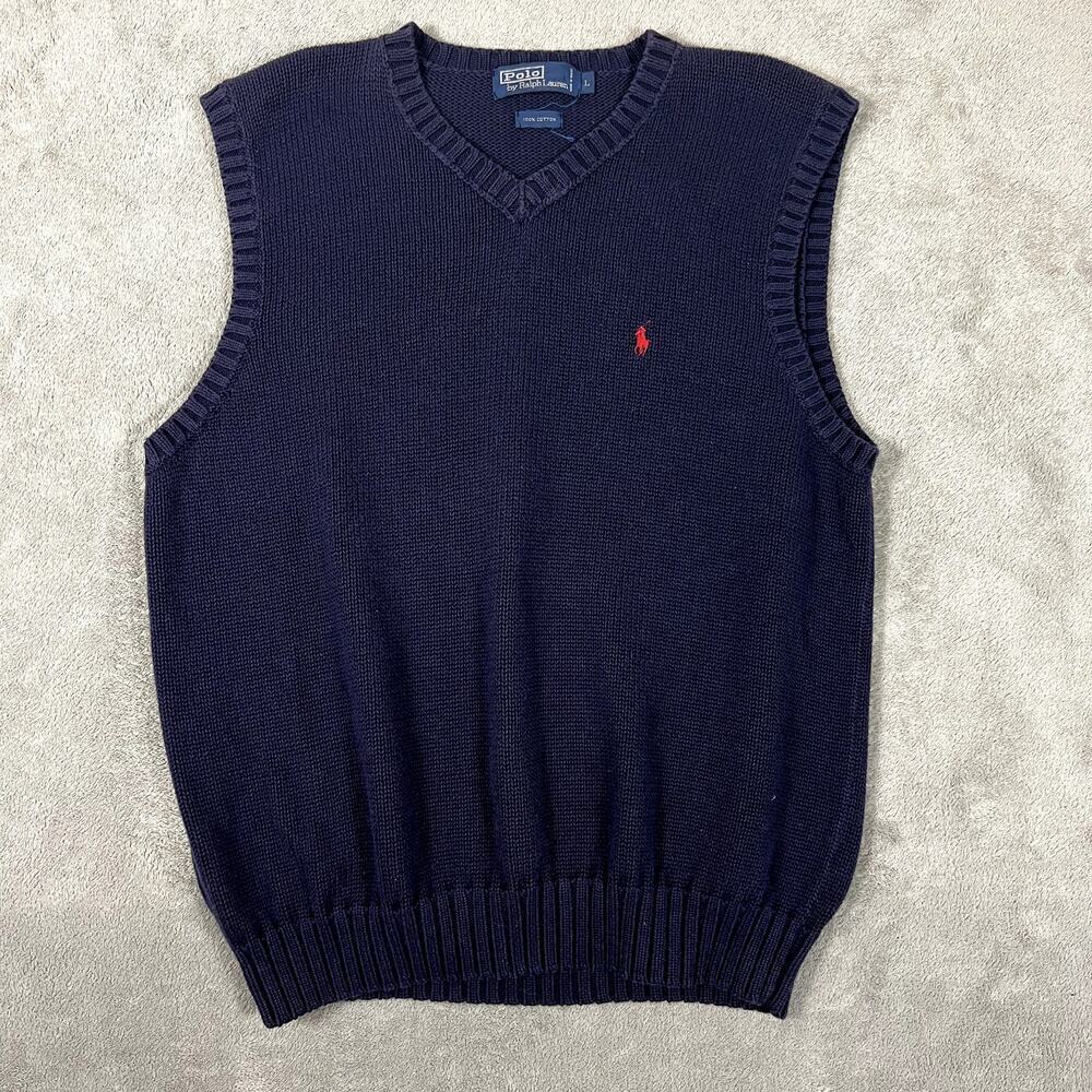 VTG Polo Ralph Lauren Navy Sweater Vest Men's L Knit Preppy V-Neck